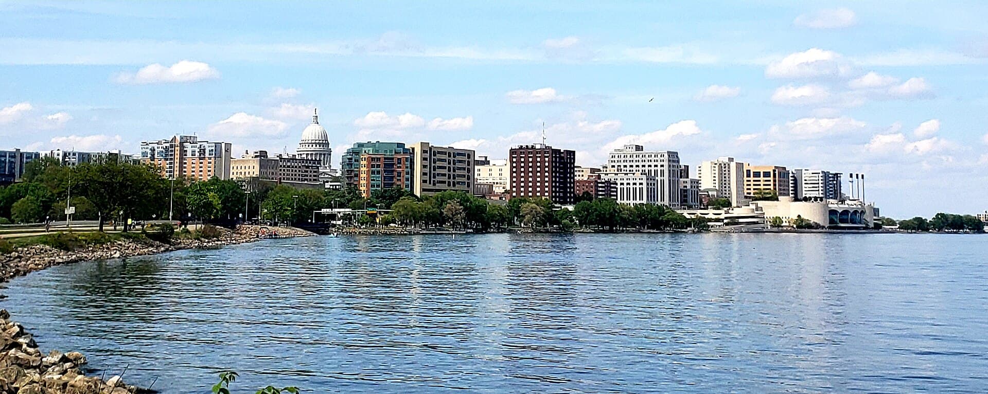 Madison skyline and the Wisconsin State Capitol across Lake Monona